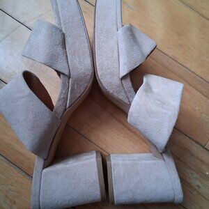 Suede powder pink block heels